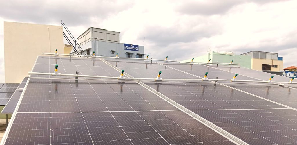Aerial view of solar panel rows